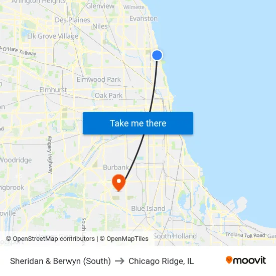 Sheridan & Berwyn (South) to Chicago Ridge, IL map