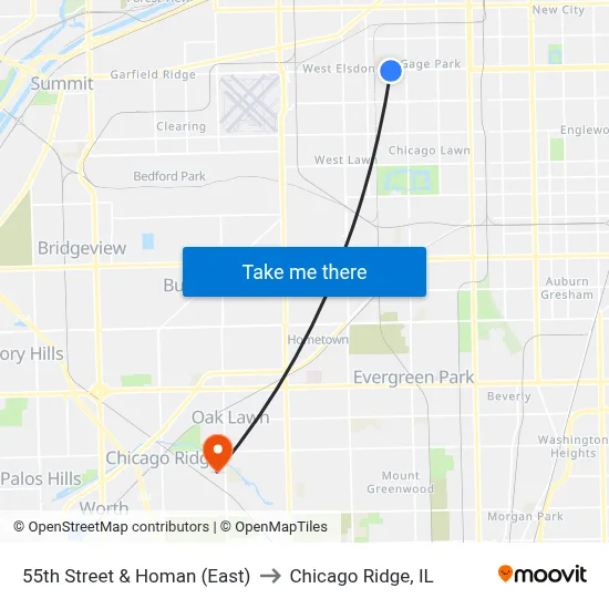 55th Street & Homan (East) to Chicago Ridge, IL map