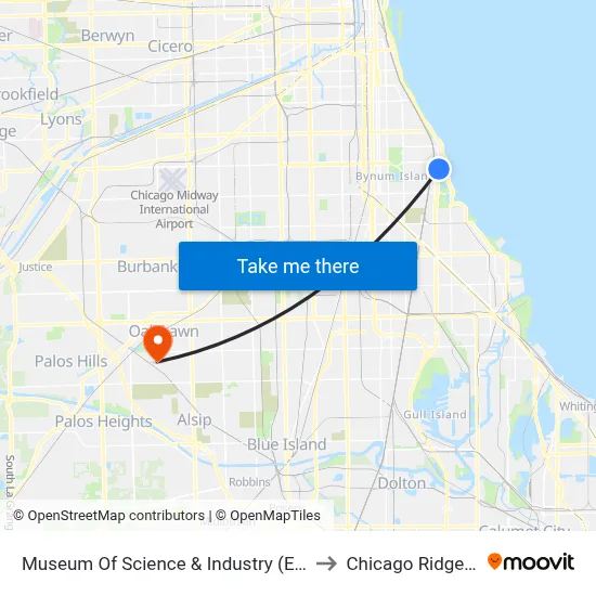 Museum Of Science & Industry (East) to Chicago Ridge, IL map