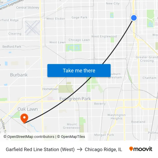 Garfield Red Line Station (West) to Chicago Ridge, IL map