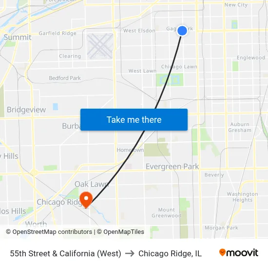 55th Street & California (West) to Chicago Ridge, IL map