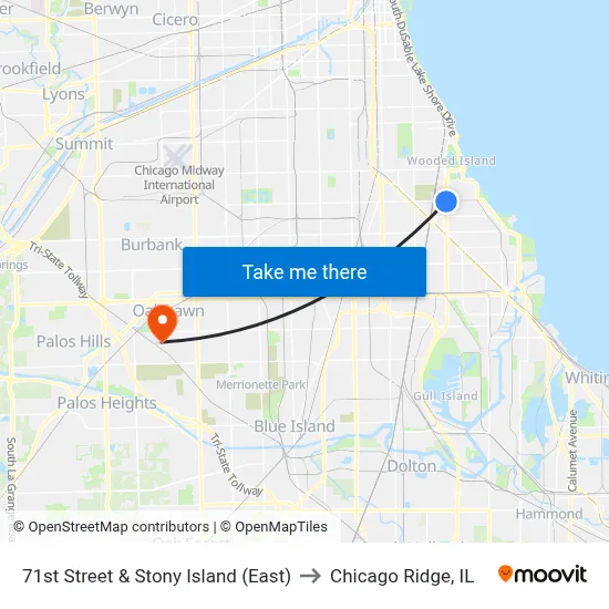 71st Street & Stony Island (East) to Chicago Ridge, IL map