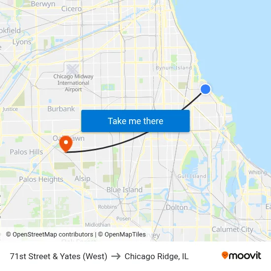 71st Street & Yates (West) to Chicago Ridge, IL map