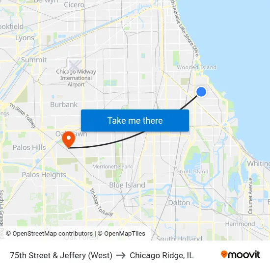75th Street & Jeffery (West) to Chicago Ridge, IL map