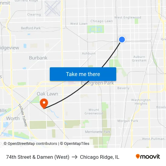 74th Street & Damen (West) to Chicago Ridge, IL map
