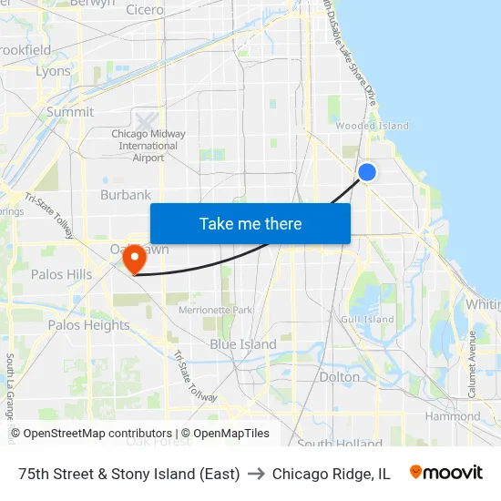 75th Street & Stony Island (East) to Chicago Ridge, IL map