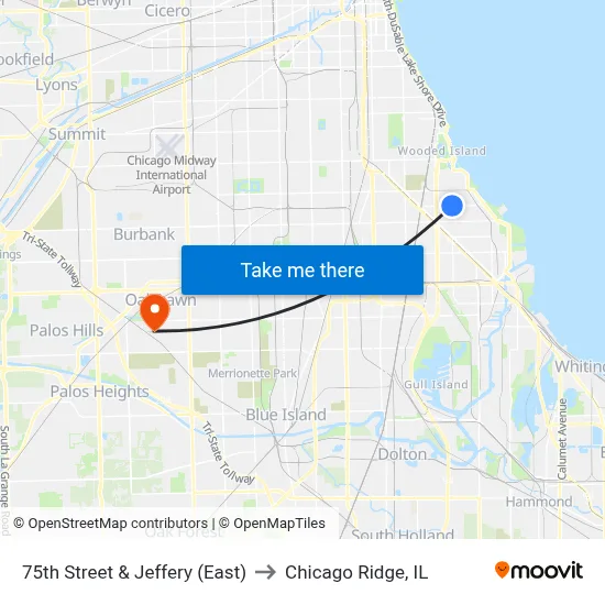 75th Street & Jeffery (East) to Chicago Ridge, IL map