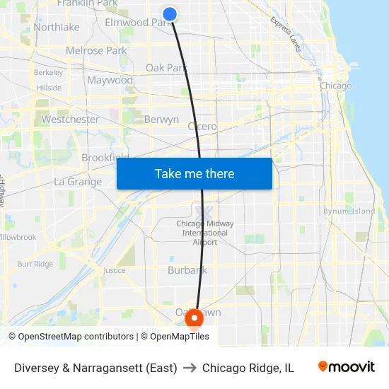 Diversey & Narragansett (East) to Chicago Ridge, IL map