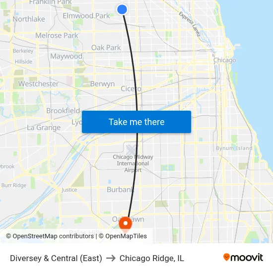 Diversey & Central (East) to Chicago Ridge, IL map
