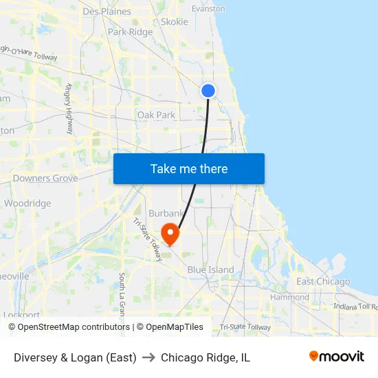 Diversey & Logan (East) to Chicago Ridge, IL map