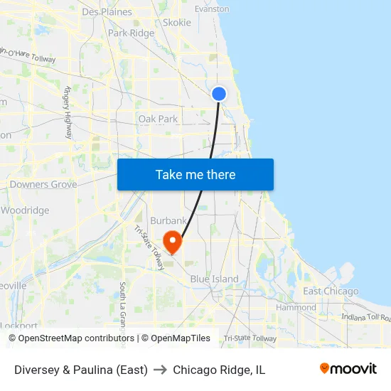 Diversey & Paulina (East) to Chicago Ridge, IL map