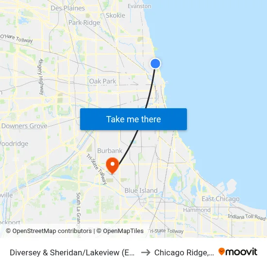 Diversey & Sheridan/Lakeview (East) to Chicago Ridge, IL map