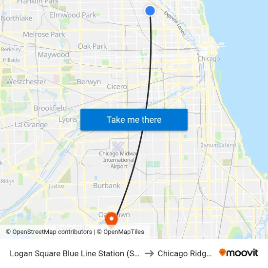 Logan Square Blue Line Station (South) to Chicago Ridge, IL map