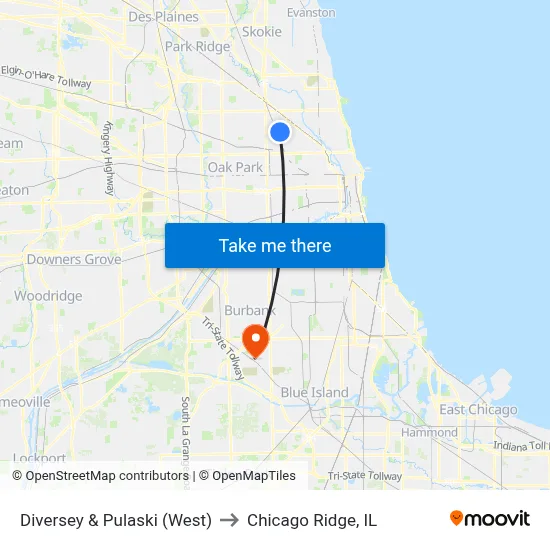 Diversey & Pulaski (West) to Chicago Ridge, IL map