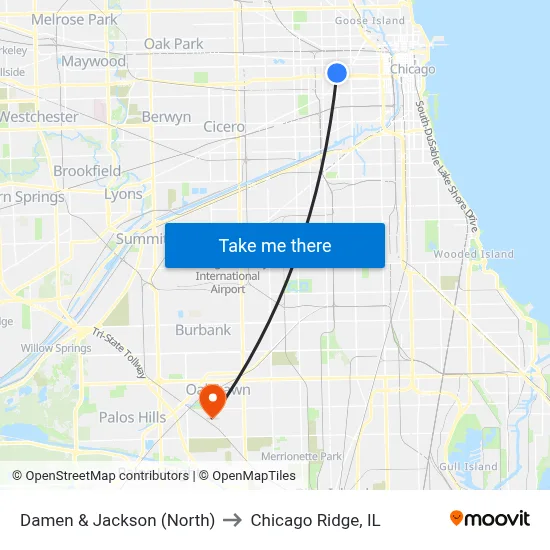 Damen & Jackson (North) to Chicago Ridge, IL map