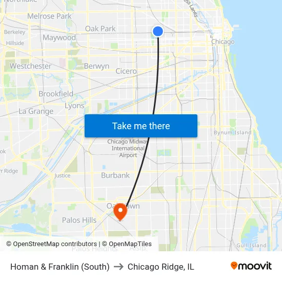 Homan & Franklin (South) to Chicago Ridge, IL map