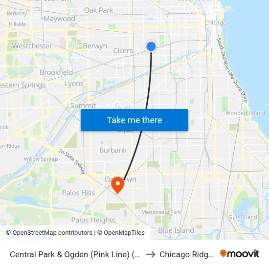 Central Park & Ogden (Pink Line) (South) to Chicago Ridge, IL map