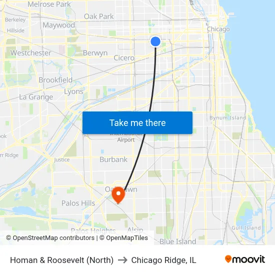 Homan & Roosevelt (North) to Chicago Ridge, IL map