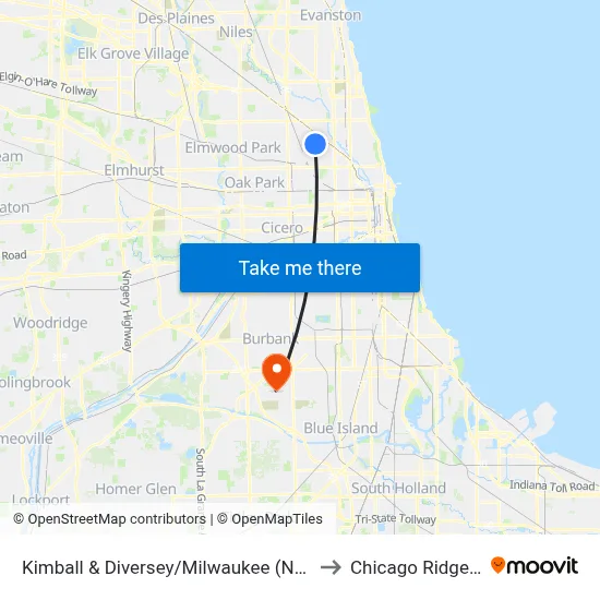 Kimball & Diversey/Milwaukee (North) to Chicago Ridge, IL map