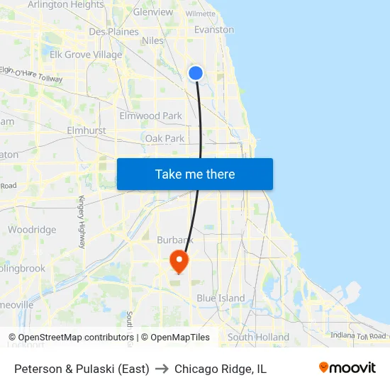 Peterson & Pulaski (East) to Chicago Ridge, IL map