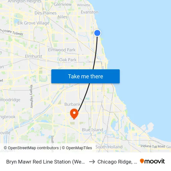 Bryn Mawr Red Line Station (West) to Chicago Ridge, IL map