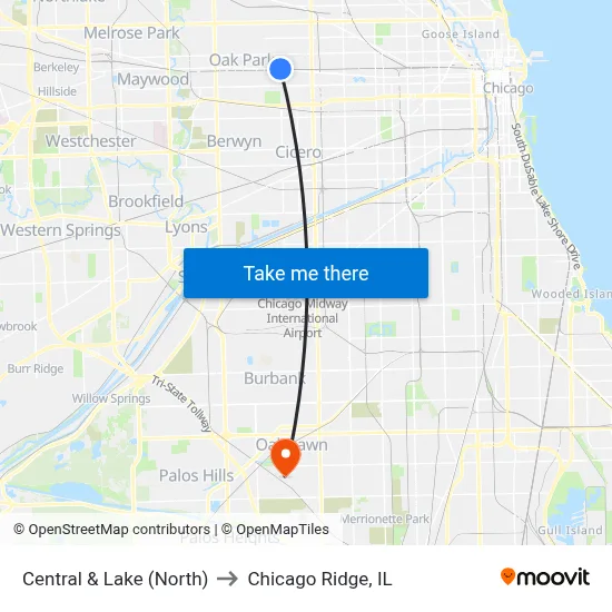 Central & Lake (North) to Chicago Ridge, IL map