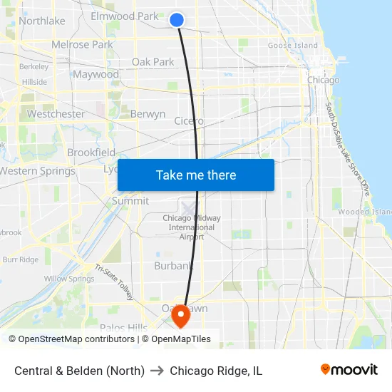 Central & Belden (North) to Chicago Ridge, IL map