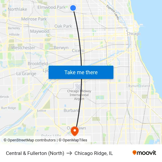 Central & Fullerton (North) to Chicago Ridge, IL map