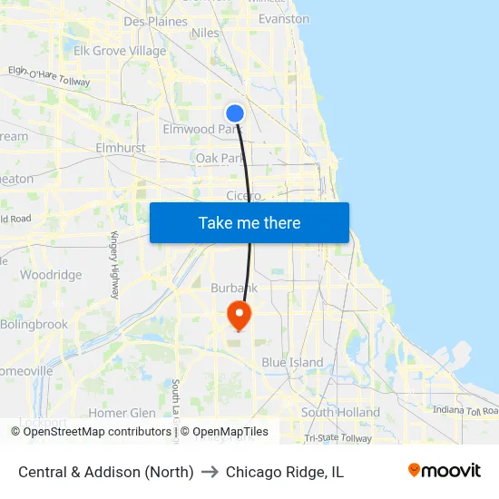 Central & Addison (North) to Chicago Ridge, IL map