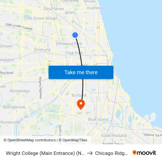 Wright College (Main Entrance) (North) to Chicago Ridge, IL map