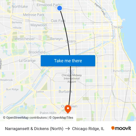 Narragansett & Dickens (North) to Chicago Ridge, IL map