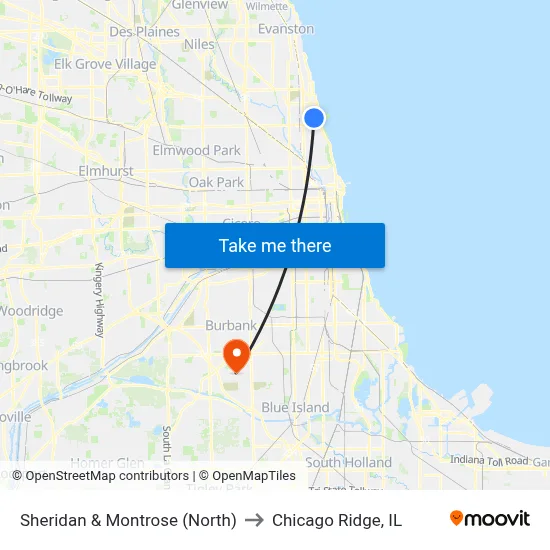 Sheridan & Montrose (North) to Chicago Ridge, IL map