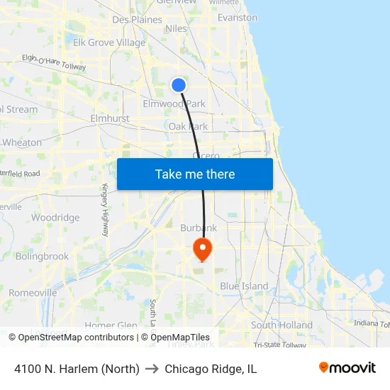 4100 N. Harlem (North) to Chicago Ridge, IL map