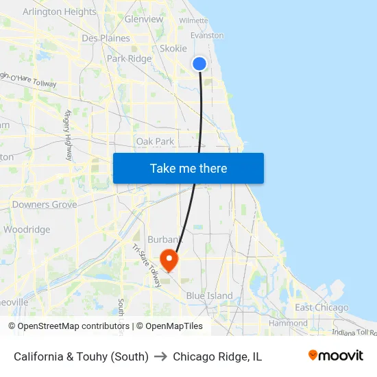 California & Touhy (South) to Chicago Ridge, IL map