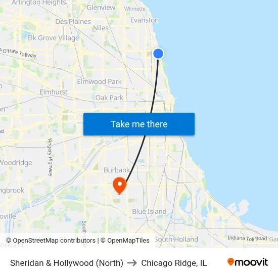 Sheridan & Hollywood (North) to Chicago Ridge, IL map