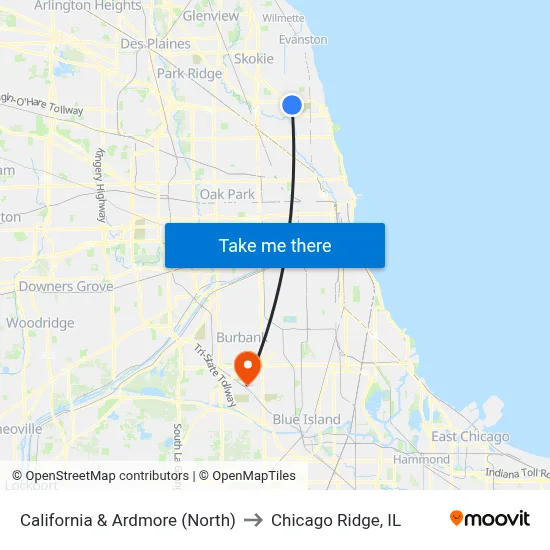 California & Ardmore (North) to Chicago Ridge, IL map