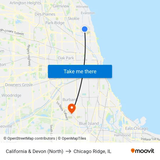 California & Devon (North) to Chicago Ridge, IL map
