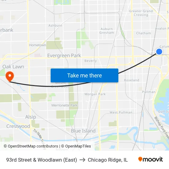 93rd Street & Woodlawn (East) to Chicago Ridge, IL map