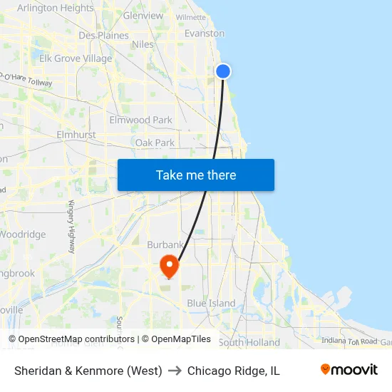 Sheridan & Kenmore (West) to Chicago Ridge, IL map