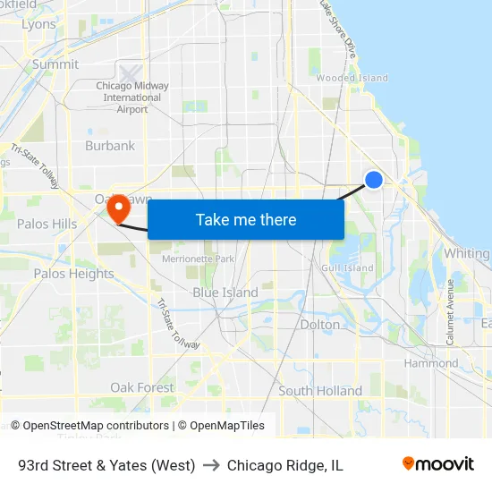 93rd Street & Yates (West) to Chicago Ridge, IL map