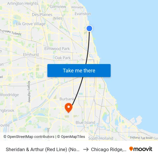 Sheridan & Arthur (Red Line) (North) to Chicago Ridge, IL map