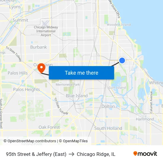 95th Street & Jeffery (East) to Chicago Ridge, IL map