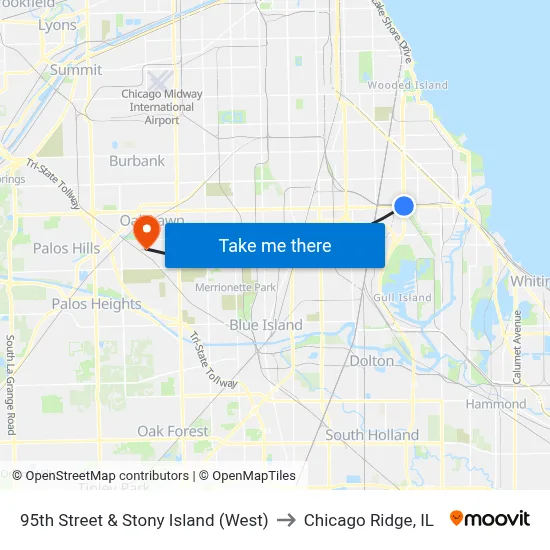 95th Street & Stony Island (West) to Chicago Ridge, IL map