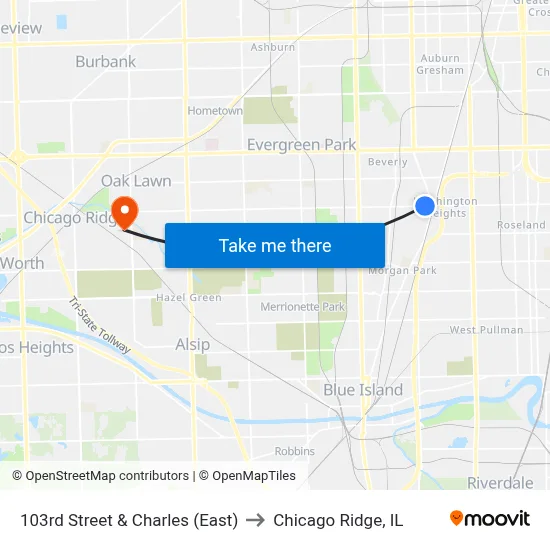 103rd Street & Charles (East) to Chicago Ridge, IL map