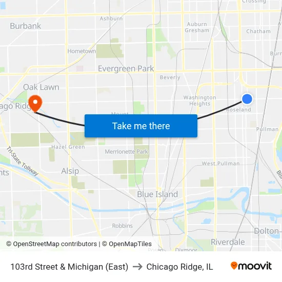 103rd Street & Michigan (East) to Chicago Ridge, IL map