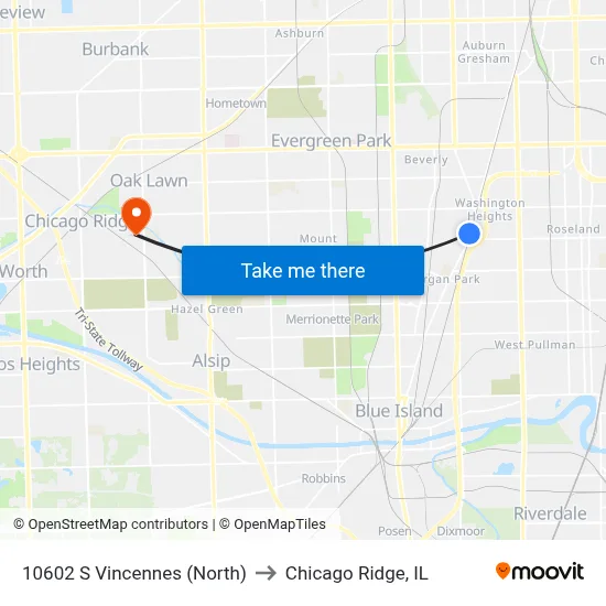 10602 S Vincennes (North) to Chicago Ridge, IL map