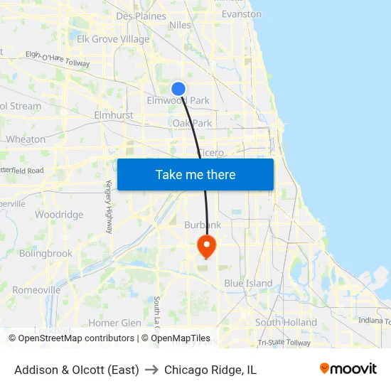 Addison & Olcott (East) to Chicago Ridge, IL map