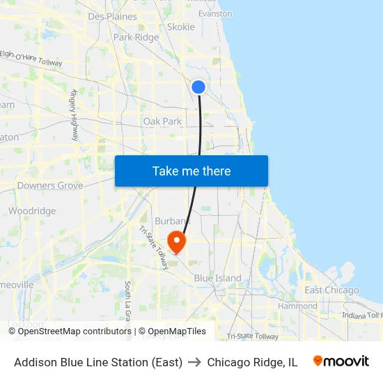Addison Blue Line Station (East) to Chicago Ridge, IL map