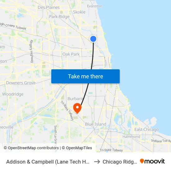 Addison & Campbell (Lane Tech Hs) (East) to Chicago Ridge, IL map