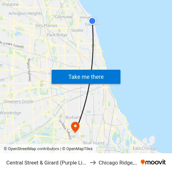 Central Street & Girard (Purple Line) to Chicago Ridge, IL map